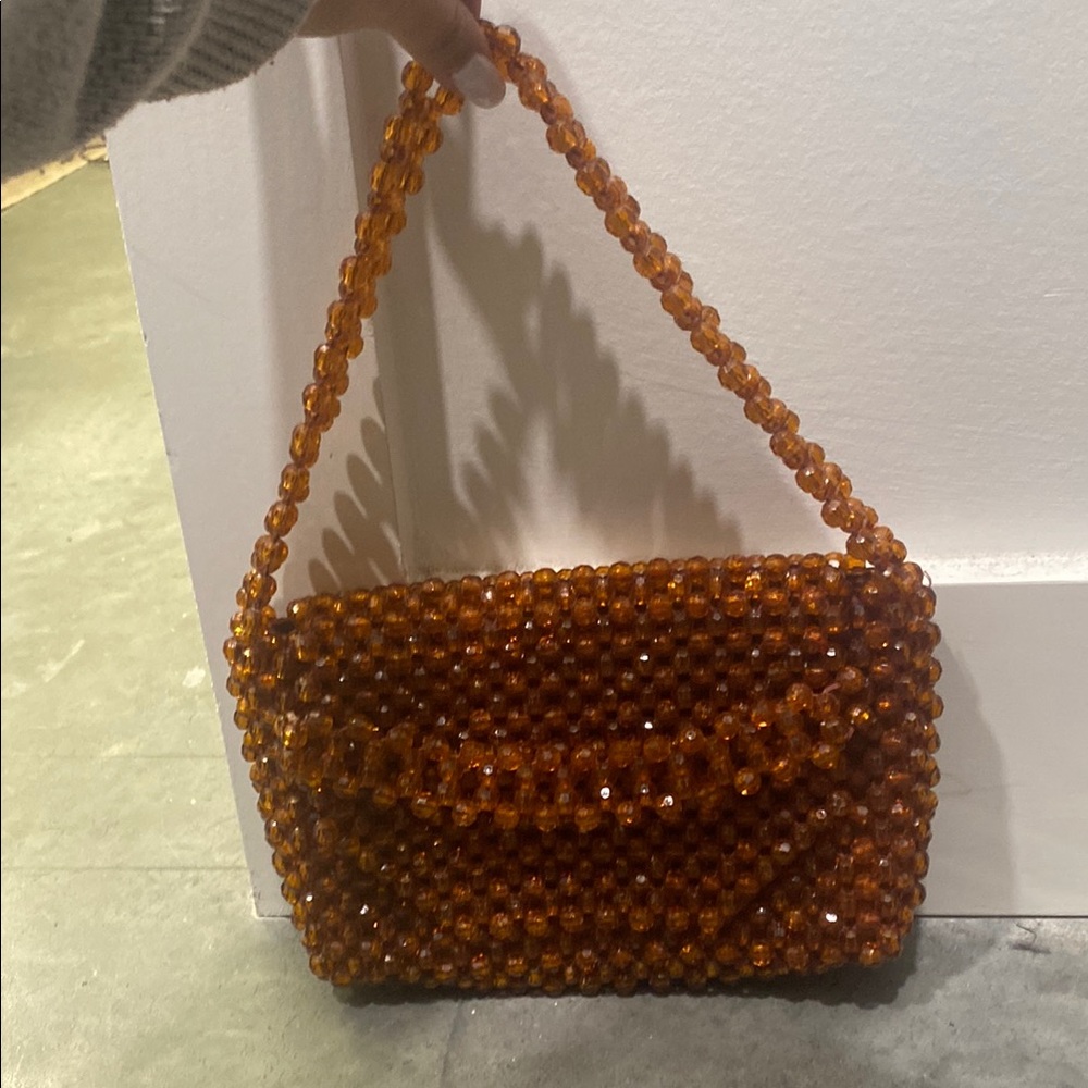 Orange Beaded Shoulder Bag with Structured Boxy Shape